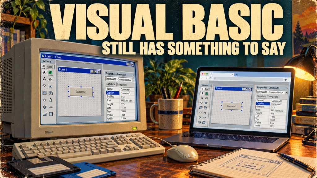 Retro illustration of a beige CRT computer and modern laptop displaying Visual Basic-style interfaces beneath the headline “Visual Basic Still Has Something to Say”.