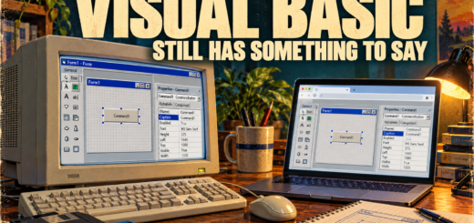 Retro illustration of a beige CRT computer and modern laptop displaying Visual Basic-style interfaces beneath the headline “Visual Basic Still Has Something to Say”.