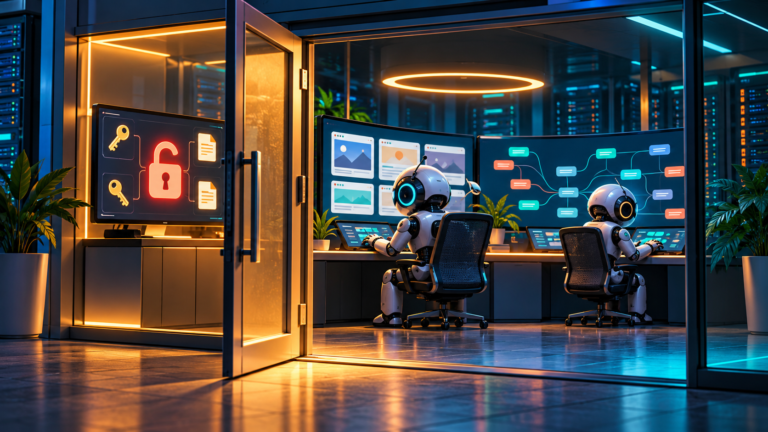 Two robots work at computer consoles beside an open glass door and a screen displaying an unlocked padlock, keys and document icons.