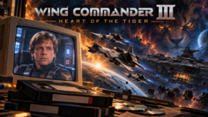 Wing Commander III artwork featuring Christopher Blair on a CRT monitor, archive tapes, CD-ROMs, space fighters and a looming Kilrathi face.