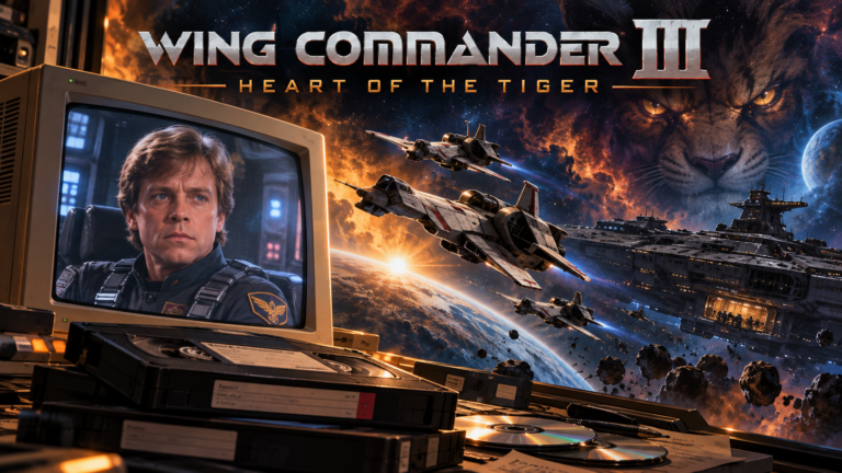 Wing Commander III artwork featuring Christopher Blair on a CRT monitor, archive tapes, CD-ROMs, space fighters and a looming Kilrathi face.