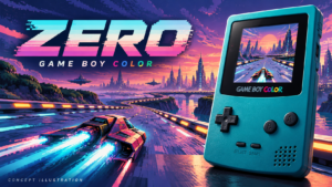 Teal Game Boy Color beside a futuristic racing craft on a neon-lit track, with a sunset skyline and the ZERO title.