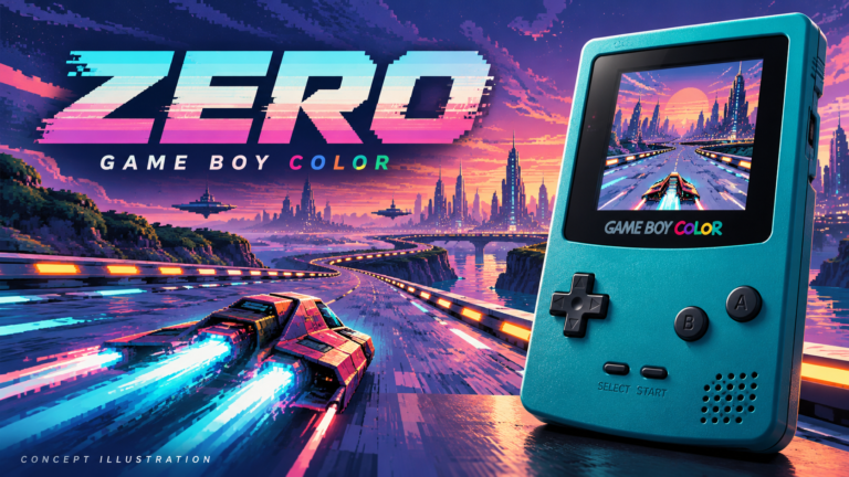 Teal Game Boy Color beside a futuristic racing craft on a neon-lit track, with a sunset skyline and the ZERO title.