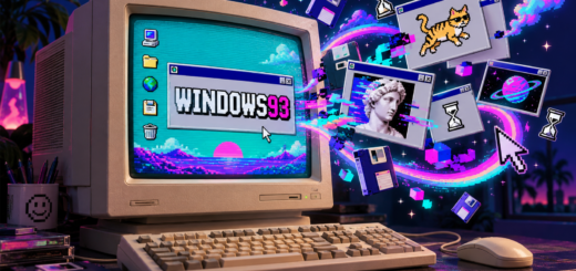 Beige CRT computer displaying Windows93, with floating retro windows, a pixel cat, floppy disks and colourful neon trails.