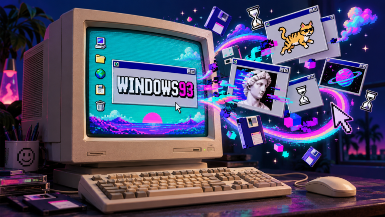 Beige CRT computer displaying Windows93, with floating retro windows, a pixel cat, floppy disks and colourful neon trails.