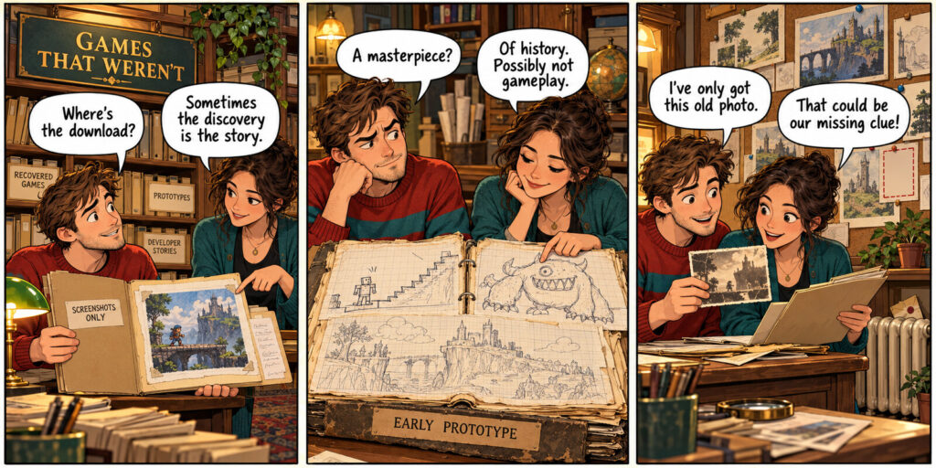 Three-panel comic showing a visitor and archivist examining game screenshots, rough prototype sketches and an old photograph that could provide a missing clue.